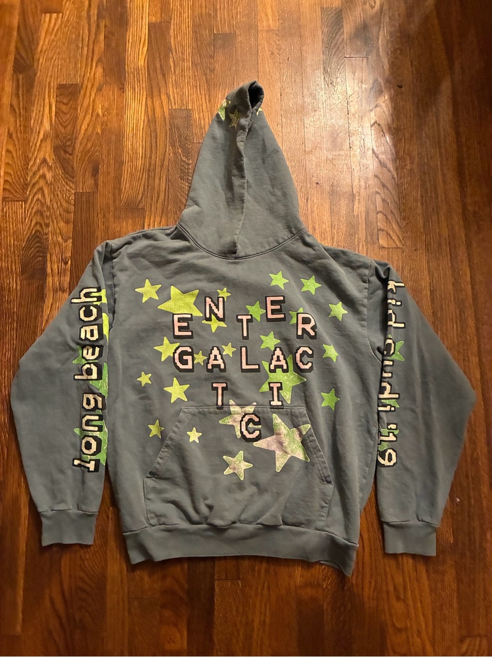 Enter Galactic Graphic Hoodie in Slate Gray with Lime Stars